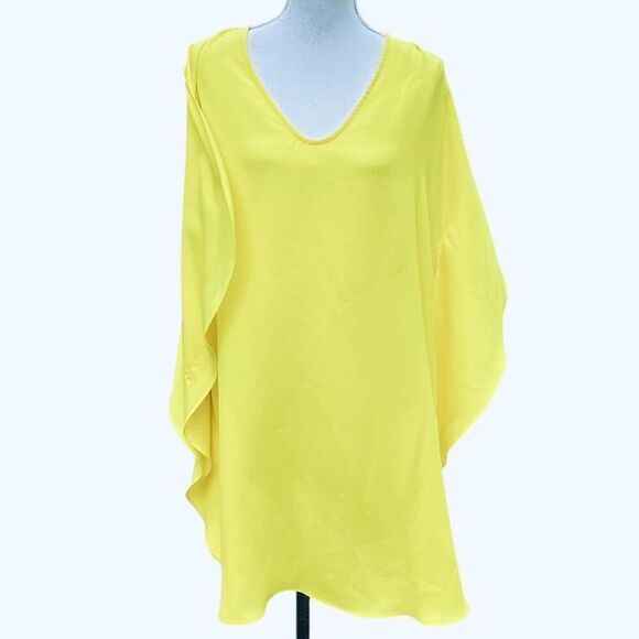 Trina Turk Bright Yellow Cape Poncho Dress L V-Neck Batwing Sleeve Recycled Poly - Picture 1 of 5